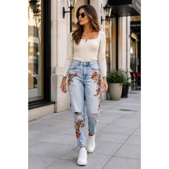 Topshop Denim - Topshop Moto Mom Jeans Womens W28 L32 Light Wash Floral Embroidered Distressed